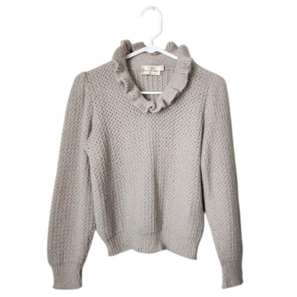 70s Young Sophisticates Crochet Knit Ruffle Collar Sweater Grey Coquette 34/XS
